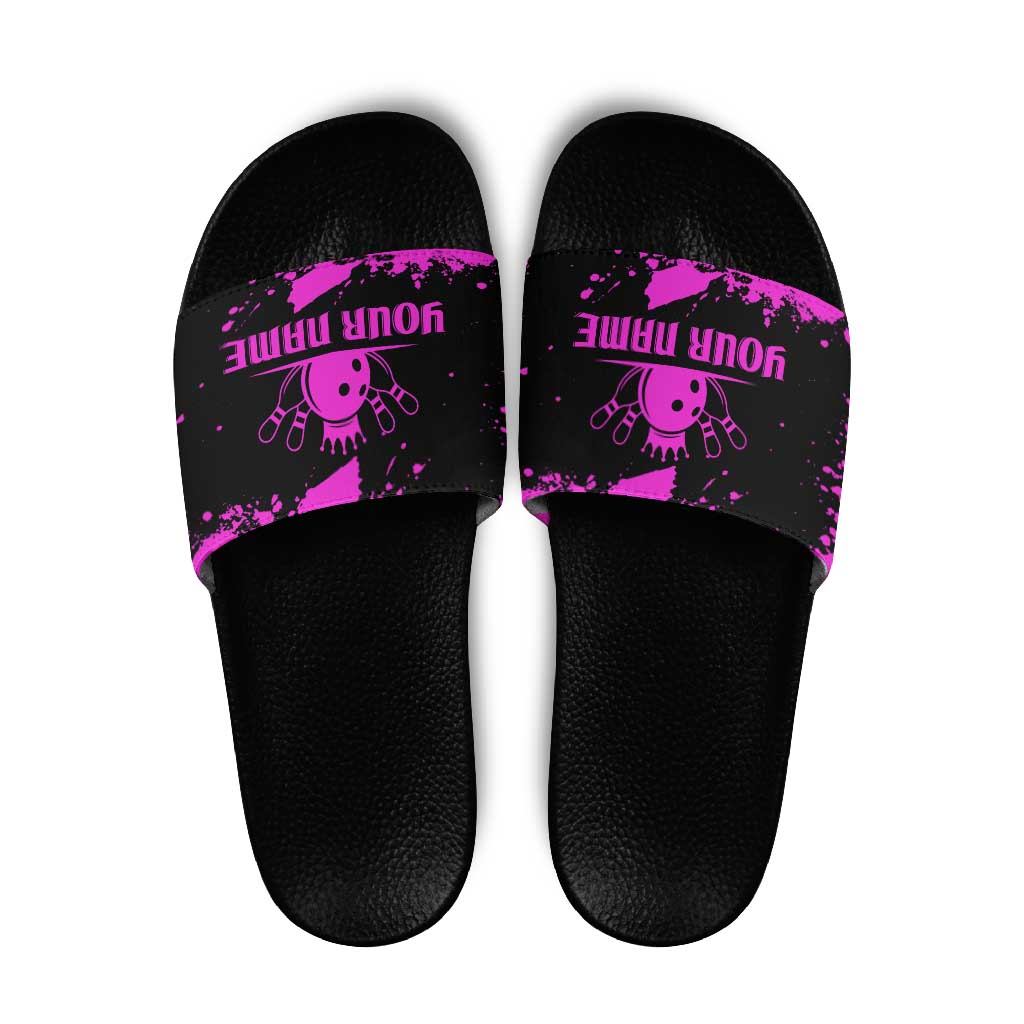 Pink Paint Splatter Design Slide Sandals with Bowling Graphic and Custom Team Name Text - Wonder Print Shop