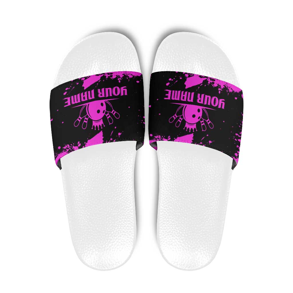 Pink Paint Splatter Design Slide Sandals with Bowling Graphic and Custom Team Name Text - Wonder Print Shop