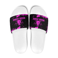 Pink Paint Splatter Design Slide Sandals with Bowling Graphic and Custom Team Name Text - Wonder Print Shop