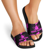 Pink Paint Splatter Design Slide Sandals with Bowling Graphic and Custom Team Name Text - Wonder Print Shop