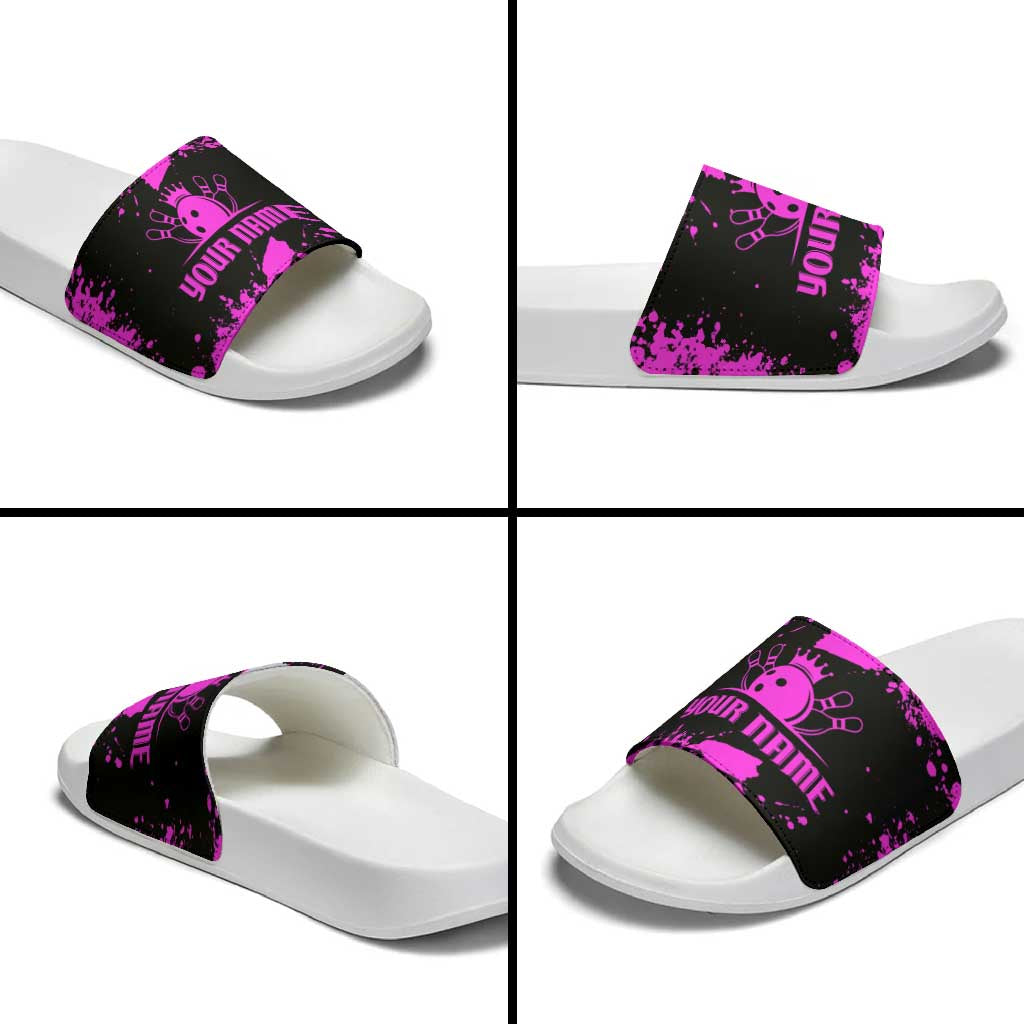 Pink Paint Splatter Design Slide Sandals with Bowling Graphic and Custom Team Name Text - Wonder Print Shop