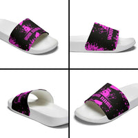Pink Paint Splatter Design Slide Sandals with Bowling Graphic and Custom Team Name Text - Wonder Print Shop