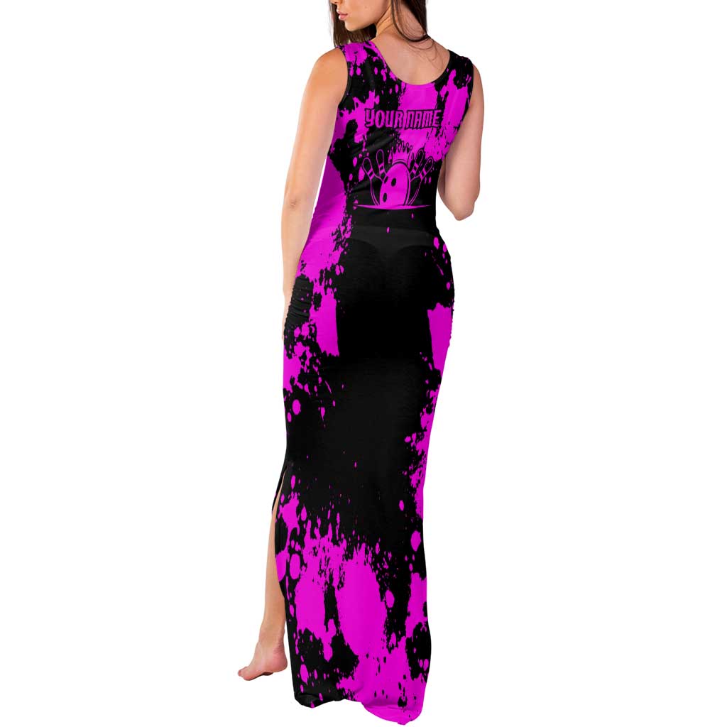 Pink Paint Splatter Design Tank Maxi Dress with Bowling Graphic and Custom Team Name Text - Wonder Print Shop