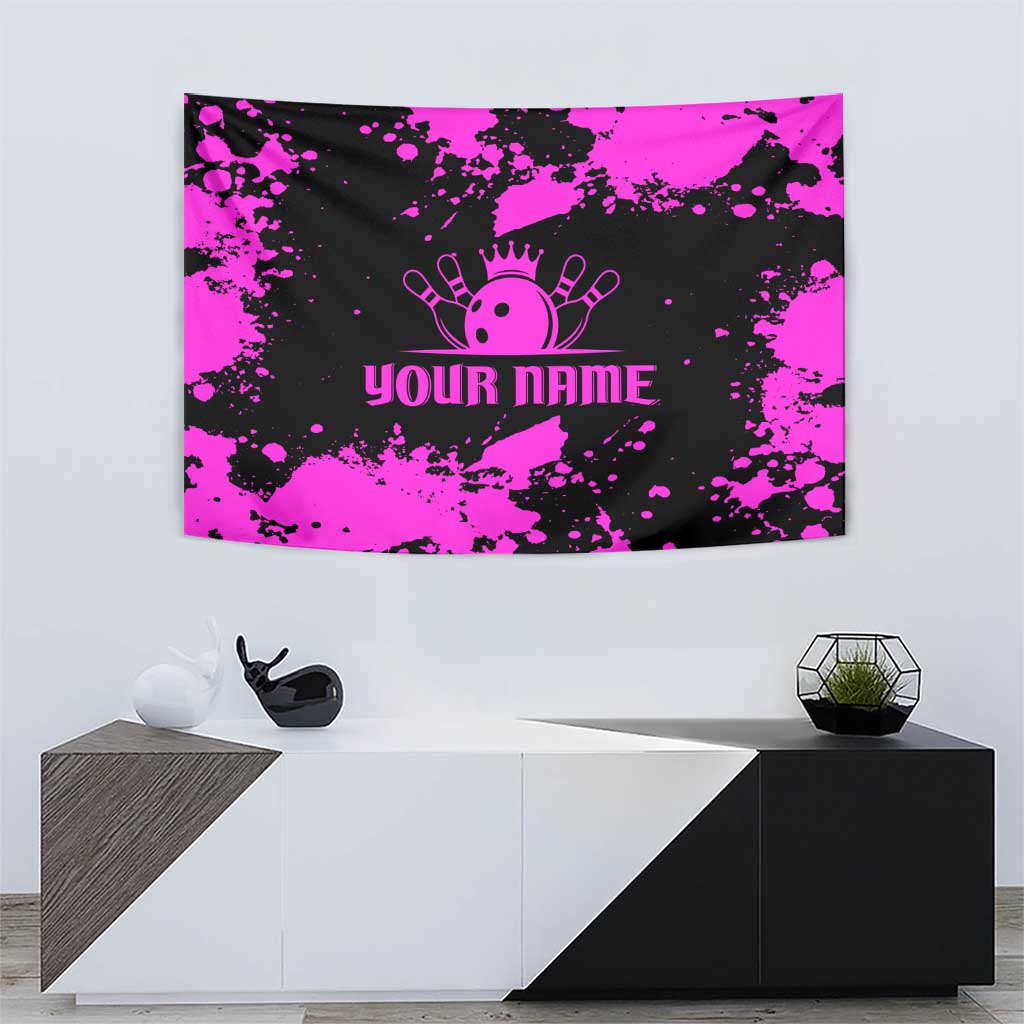 Pink Paint Splatter Design Tapestry with Bowling Graphic and Custom Team Name Text - Wonder Print Shop