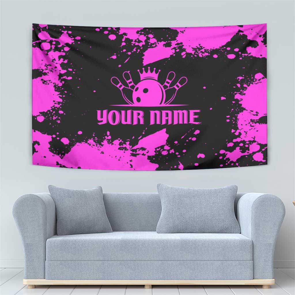 Pink Paint Splatter Design Tapestry with Bowling Graphic and Custom Team Name Text - Wonder Print Shop
