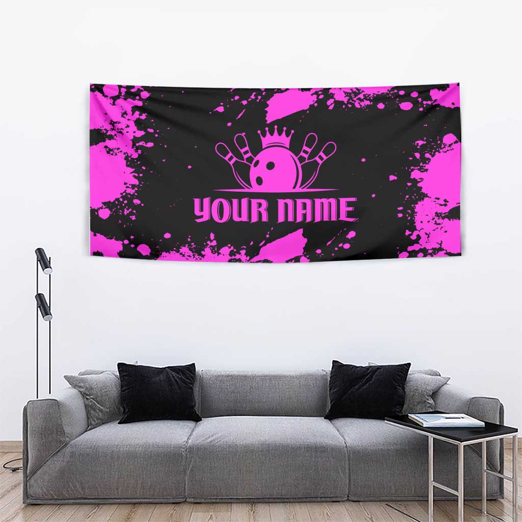 Pink Paint Splatter Design Tapestry with Bowling Graphic and Custom Team Name Text - Wonder Print Shop