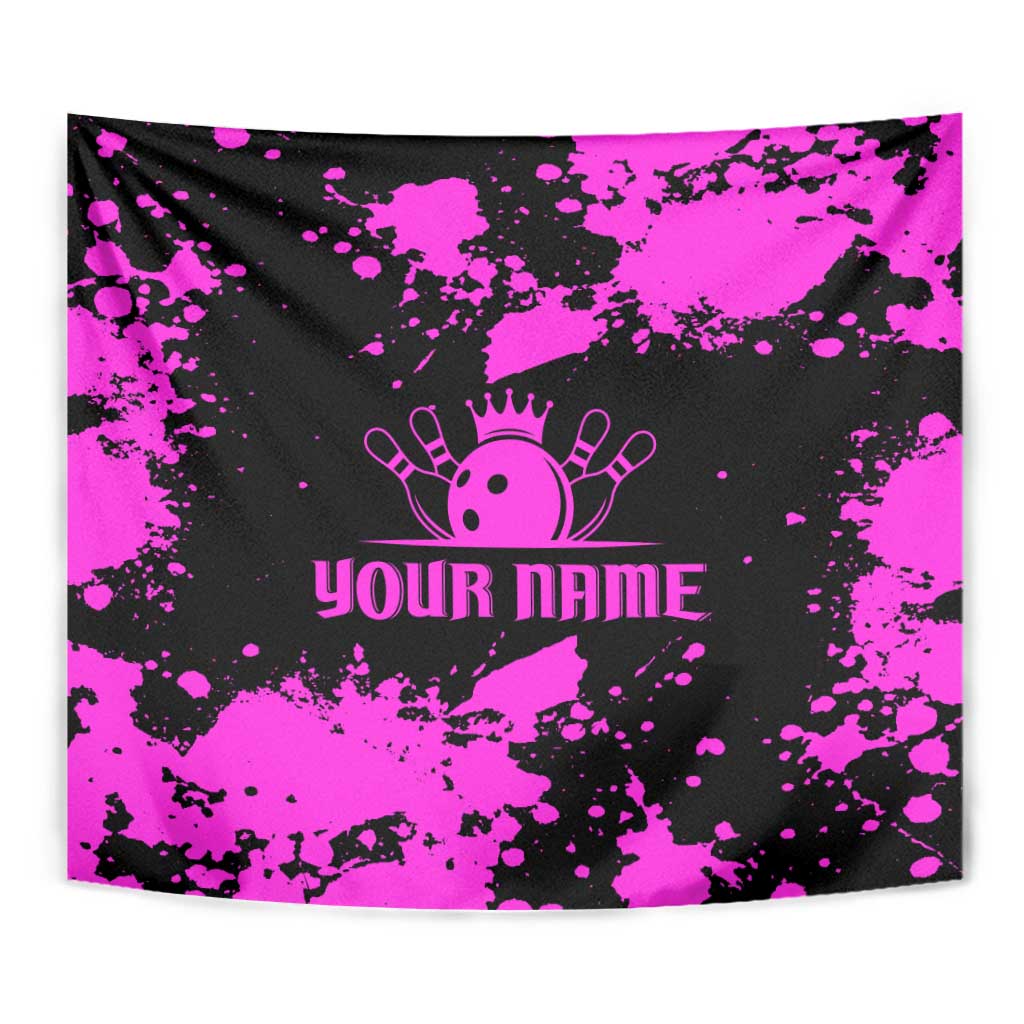 Pink Paint Splatter Design Tapestry with Bowling Graphic and Custom Team Name Text - Wonder Print Shop