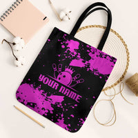 Pink Paint Splatter Design Tote Bag with Bowling Graphic and Custom Team Name Text - Wonder Print Shop