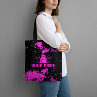Pink Paint Splatter Design Tote Bag with Bowling Graphic and Custom Team Name Text - Wonder Print Shop