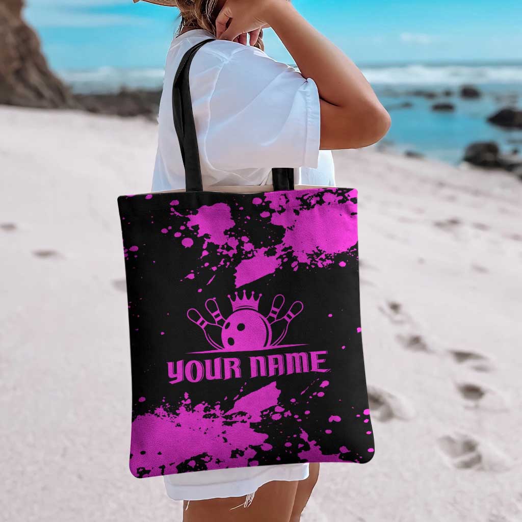 Pink Paint Splatter Design Tote Bag with Bowling Graphic and Custom Team Name Text - Wonder Print Shop