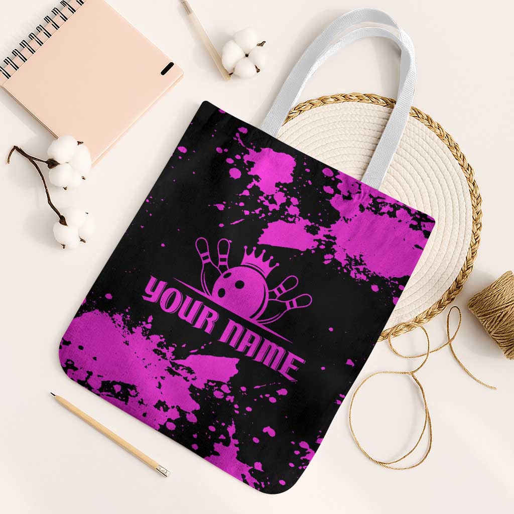 Pink Paint Splatter Design Tote Bag with Bowling Graphic and Custom Team Name Text - Wonder Print Shop