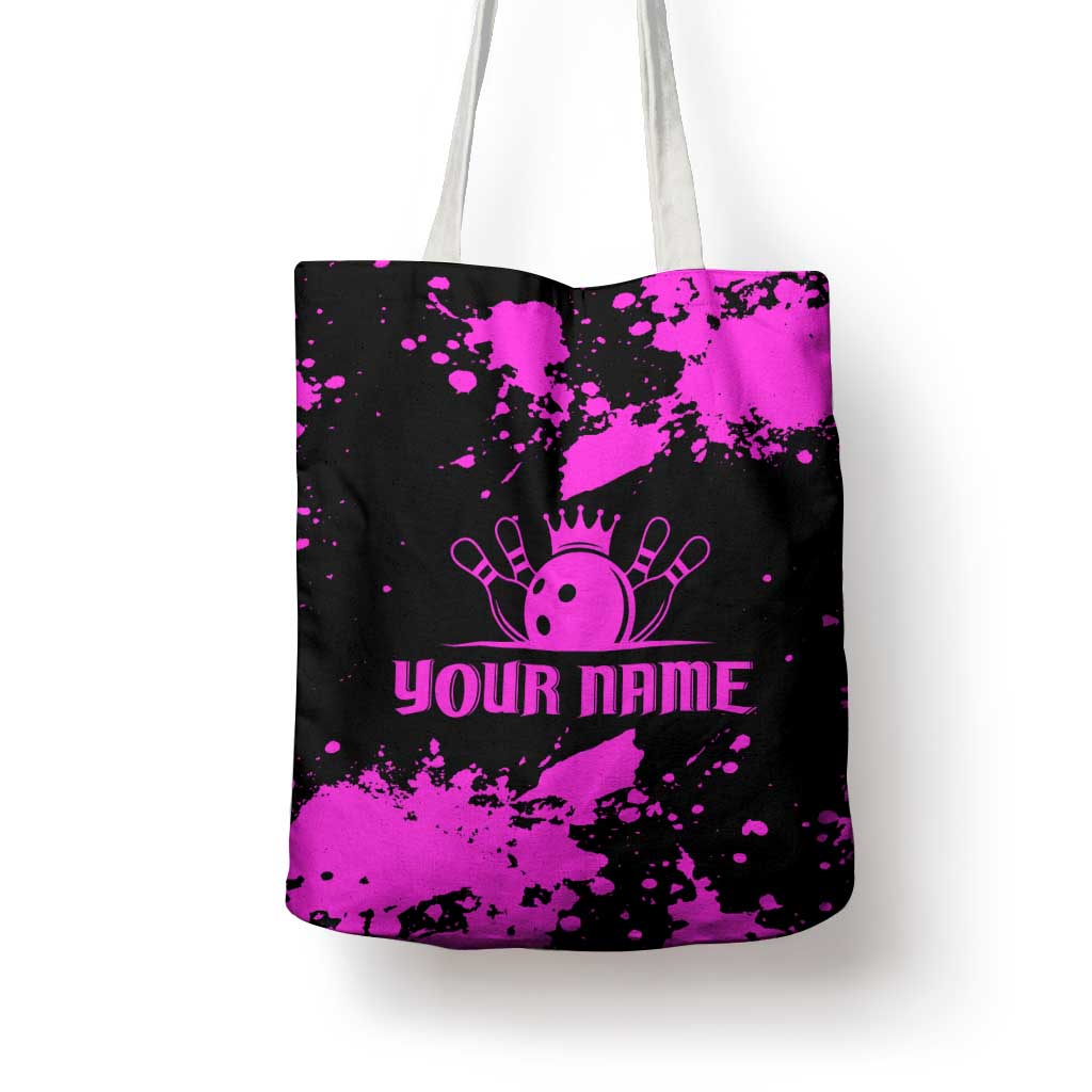 Pink Paint Splatter Design Tote Bag with Bowling Graphic and Custom Team Name Text - Wonder Print Shop