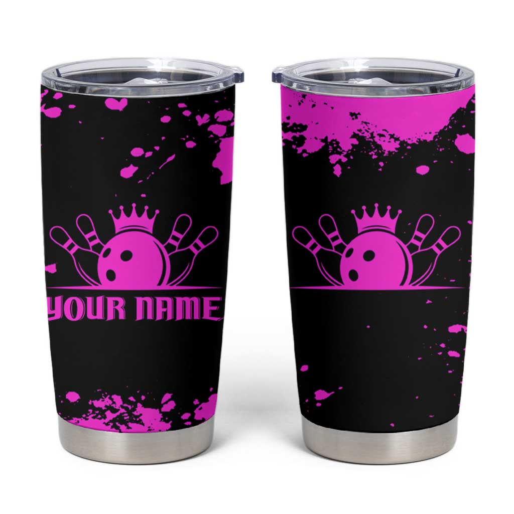 Pink Paint Splatter Design Tumbler Cup with Bowling Graphic and Custom Team Name Text - Wonder Print Shop