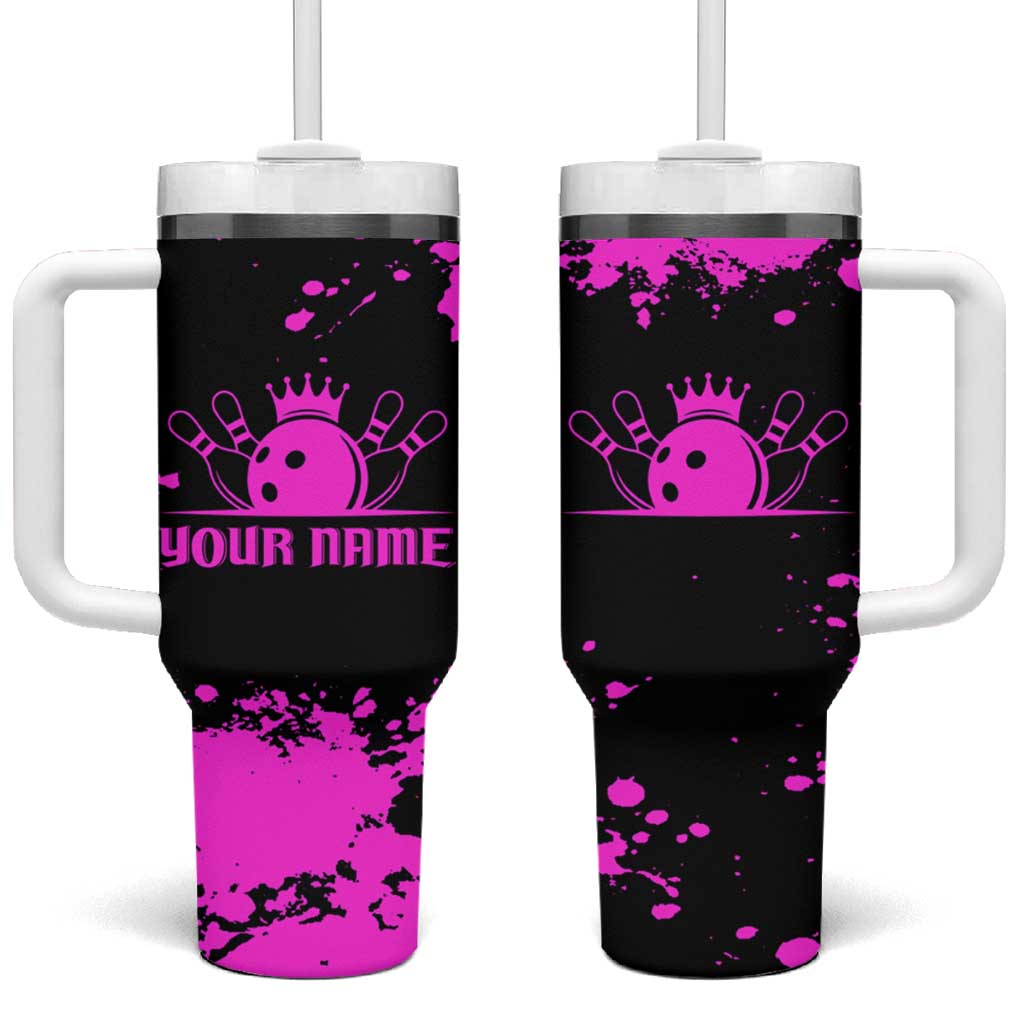 Pink Paint Splatter Design Tumbler With Handle with Bowling Graphic and Custom Team Name Text - Wonder Print Shop
