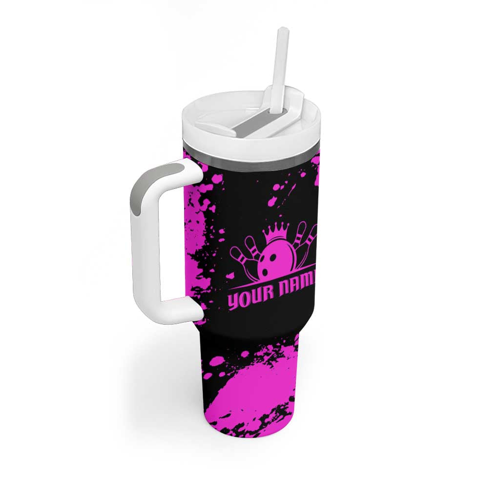 Pink Paint Splatter Design Tumbler With Handle with Bowling Graphic and Custom Team Name Text - Wonder Print Shop