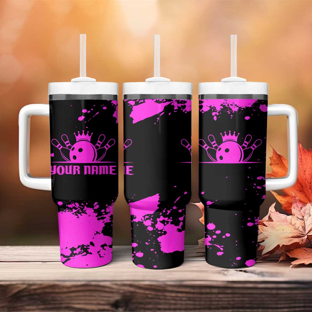 Pink Paint Splatter Design Tumbler With Handle with Bowling Graphic and Custom Team Name Text - Wonder Print Shop