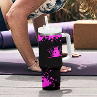 Pink Paint Splatter Design Tumbler With Handle with Bowling Graphic and Custom Team Name Text - Wonder Print Shop
