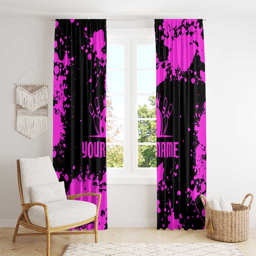 Pink Paint Splatter Design Window Curtain with Bowling Graphic and Custom Team Name Text - Wonder Print Shop