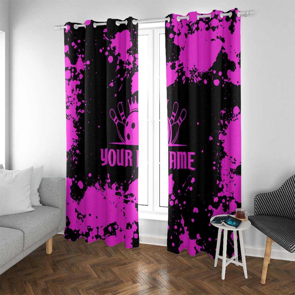 Pink Paint Splatter Design Window Curtain with Bowling Graphic and Custom Team Name Text - Wonder Print Shop