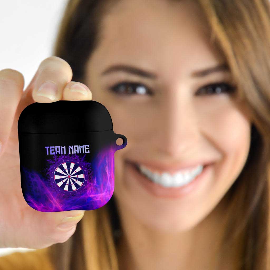 Dartboard and Darts AirPods Case with Purple Smoke Background and Custom Team Name - Wonder Print Shop
