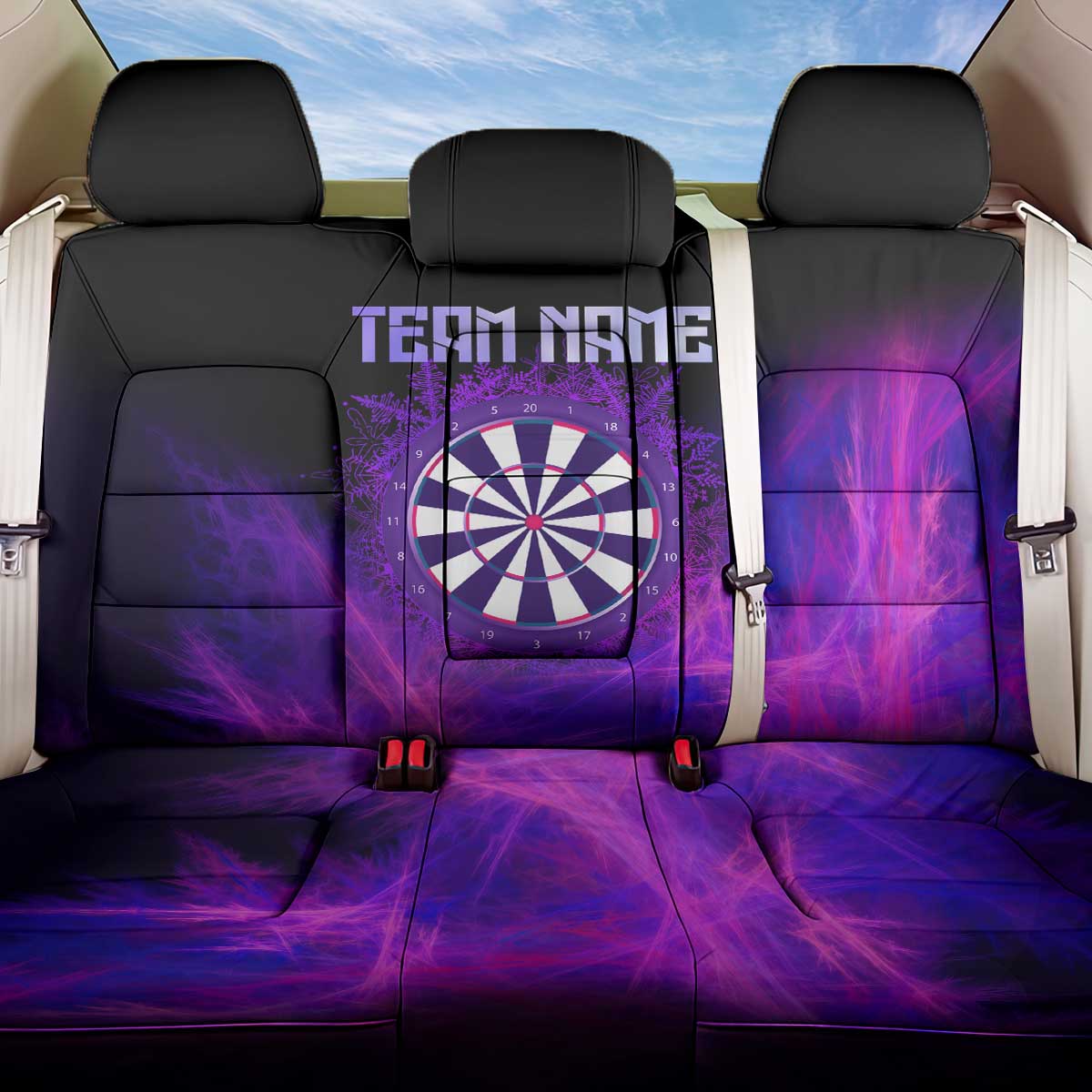 Dartboard and Darts Back Car Seat Cover with Purple Smoke Background and Custom Team Name - Wonder Print Shop