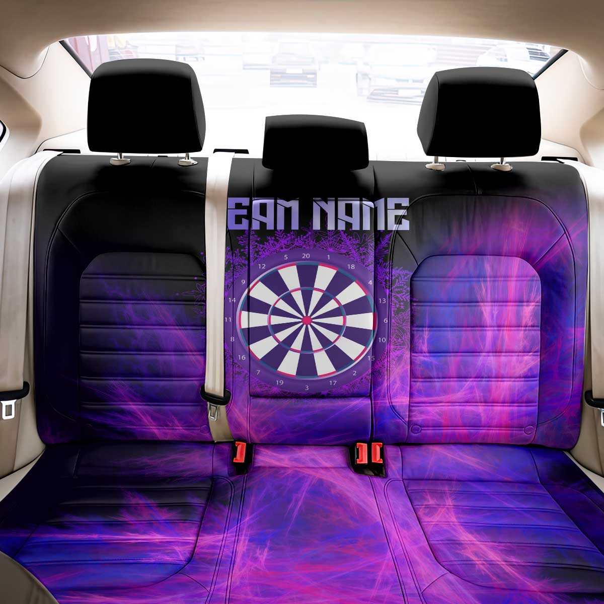 Dartboard and Darts Back Car Seat Cover with Purple Smoke Background and Custom Team Name - Wonder Print Shop