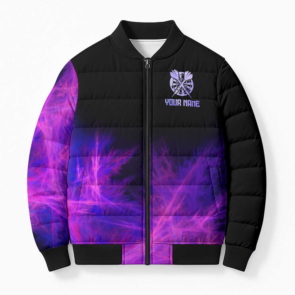 Dartboard and Darts Bomber Puffer Jacket with Purple Smoke Background and Custom Team Name - Wonder Print Shop