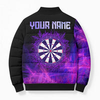 Dartboard and Darts Bomber Puffer Jacket with Purple Smoke Background and Custom Team Name - Wonder Print Shop