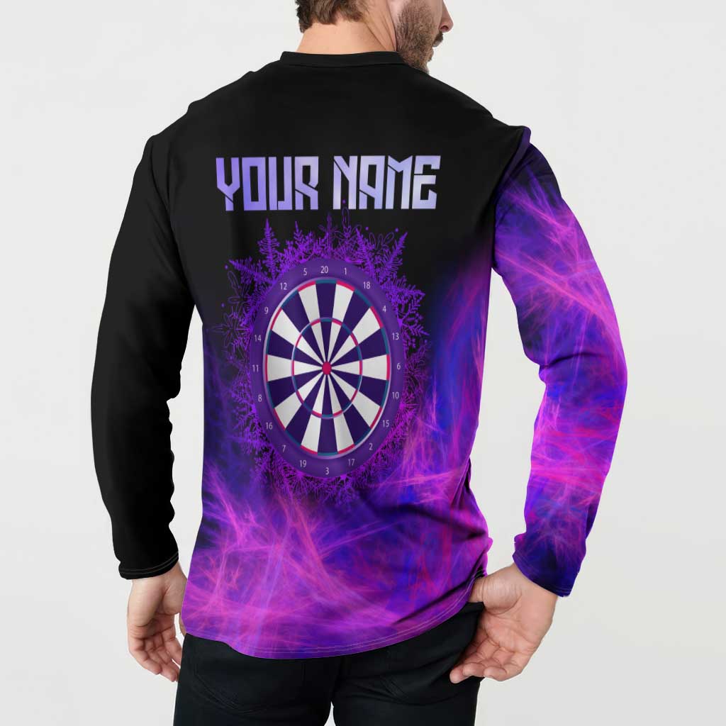 Dartboard and Darts Button Sweatshirt with Purple Smoke Background and Custom Team Name - Wonder Print Shop