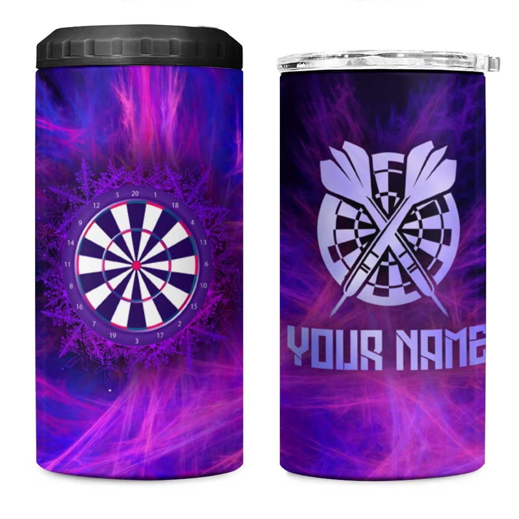 Dartboard and Darts 4 in 1 Can Cooler Tumbler with Purple Smoke Background and Custom Team Name - Wonder Print Shop