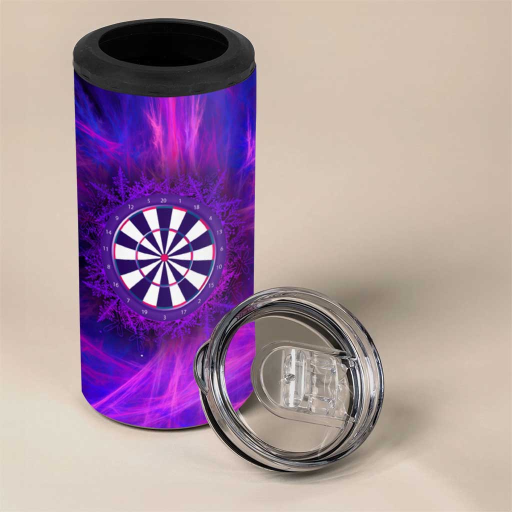 Dartboard and Darts 4 in 1 Can Cooler Tumbler with Purple Smoke Background and Custom Team Name - Wonder Print Shop