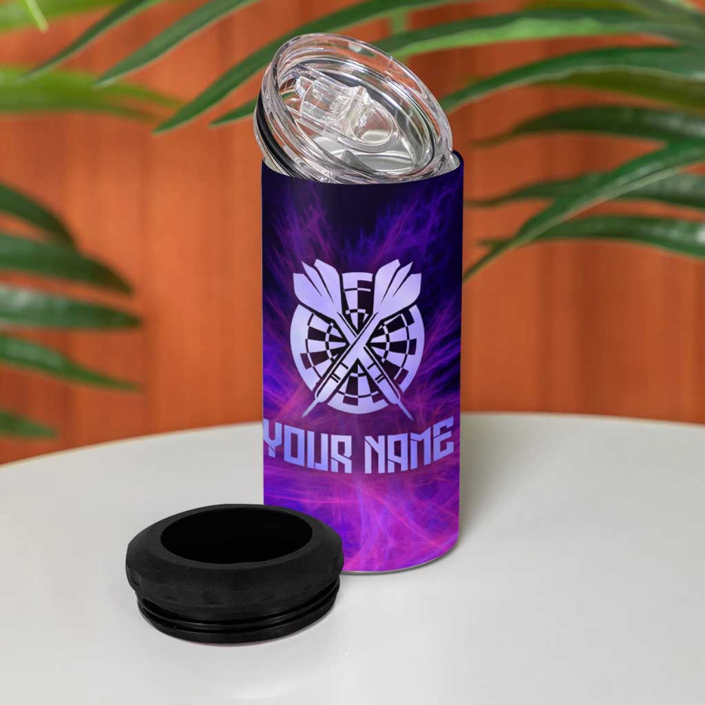 Dartboard and Darts 4 in 1 Can Cooler Tumbler with Purple Smoke Background and Custom Team Name - Wonder Print Shop
