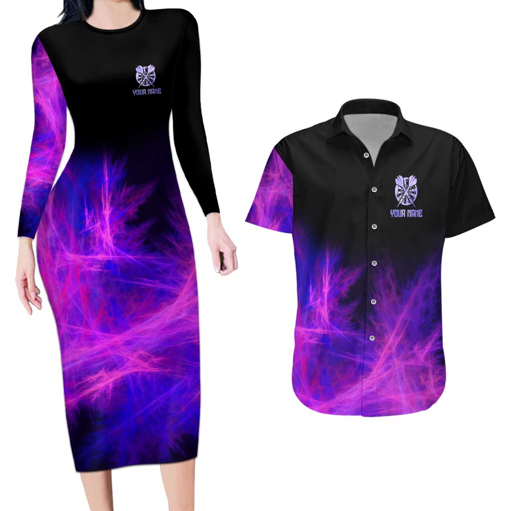 Dartboard and Darts Couples Matching Long Sleeve Bodycon Dress and Hawaiian Shirt with Purple Smoke Background and Custom Team Name - Wonder Print Shop