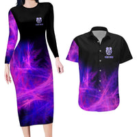 Dartboard and Darts Couples Matching Long Sleeve Bodycon Dress and Hawaiian Shirt with Purple Smoke Background and Custom Team Name - Wonder Print Shop