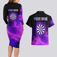 Dartboard and Darts Couples Matching Long Sleeve Bodycon Dress and Hawaiian Shirt with Purple Smoke Background and Custom Team Name - Wonder Print Shop