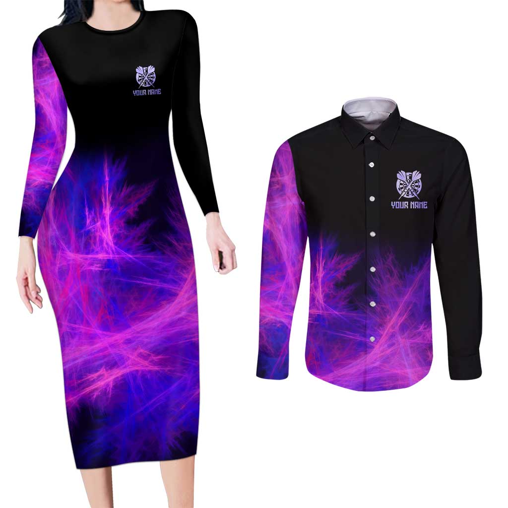 Dartboard and Darts Couples Matching Long Sleeve Bodycon Dress and Long Sleeve Button Shirt with Purple Smoke Background and Custom Team Name - Wonder Print Shop