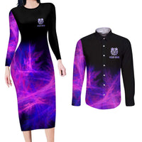 Dartboard and Darts Couples Matching Long Sleeve Bodycon Dress and Long Sleeve Button Shirt with Purple Smoke Background and Custom Team Name - Wonder Print Shop