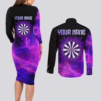 Dartboard and Darts Couples Matching Long Sleeve Bodycon Dress and Long Sleeve Button Shirt with Purple Smoke Background and Custom Team Name - Wonder Print Shop