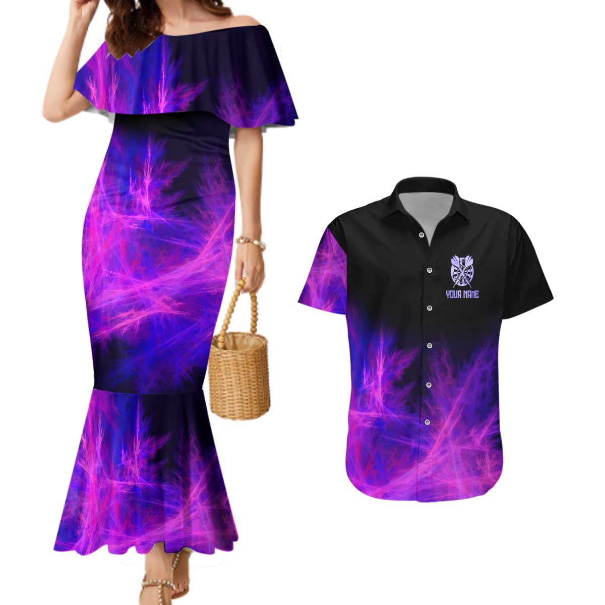 Dartboard and Darts Couples Matching Mermaid Dress and Hawaiian Shirt with Purple Smoke Background and Custom Team Name - Wonder Print Shop