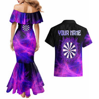 Dartboard and Darts Couples Matching Mermaid Dress and Hawaiian Shirt with Purple Smoke Background and Custom Team Name - Wonder Print Shop