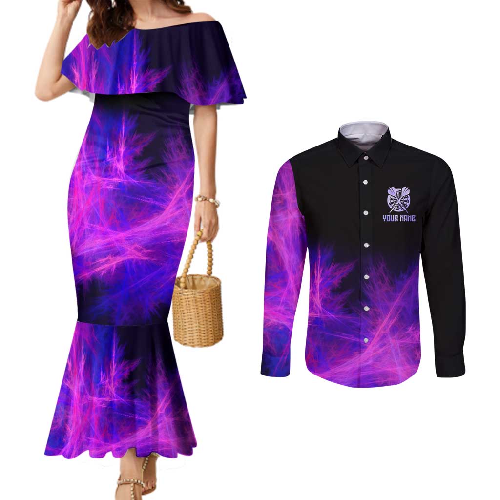 Dartboard and Darts Couples Matching Mermaid Dress and Long Sleeve Button Shirt with Purple Smoke Background and Custom Team Name - Wonder Print Shop