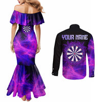 Dartboard and Darts Couples Matching Mermaid Dress and Long Sleeve Button Shirt with Purple Smoke Background and Custom Team Name - Wonder Print Shop