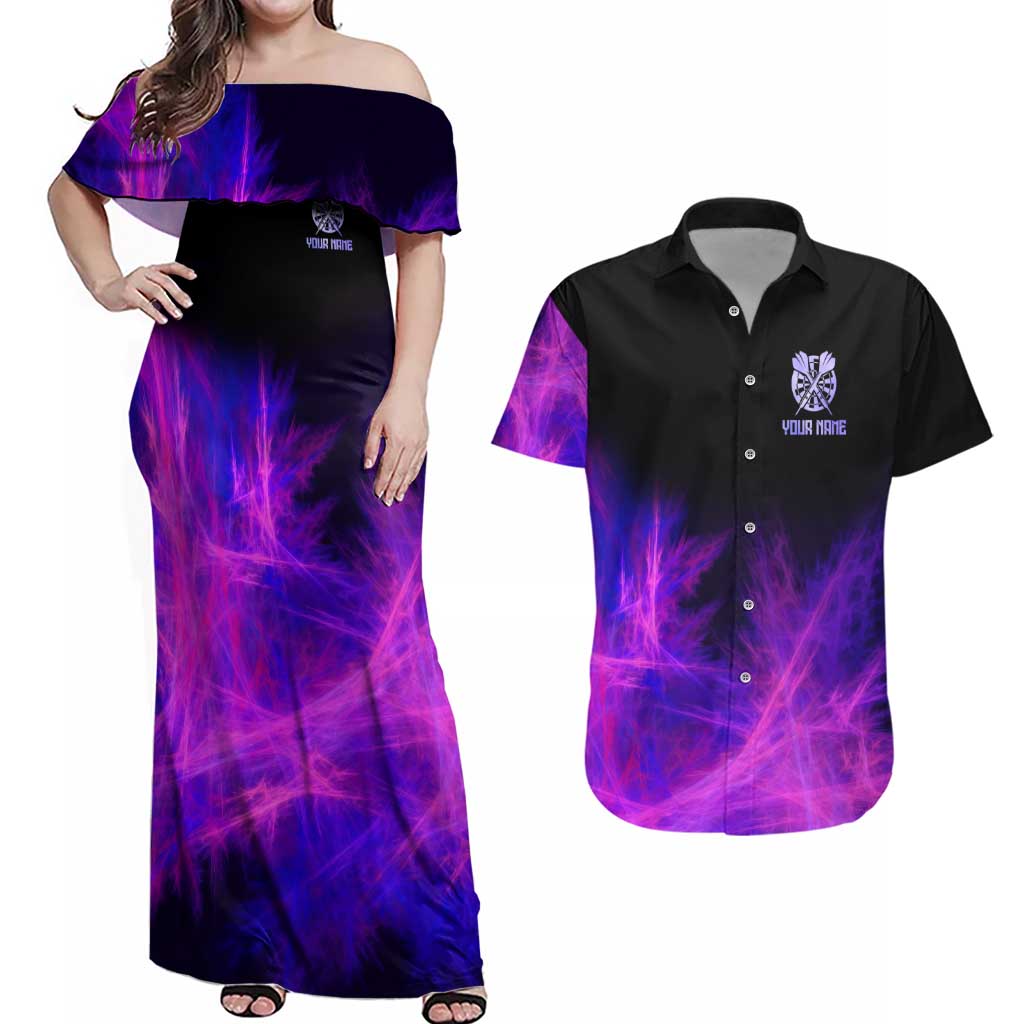 Dartboard and Darts Couples Matching Off Shoulder Maxi Dress and Hawaiian Shirt with Purple Smoke Background and Custom Team Name - Wonder Print Shop