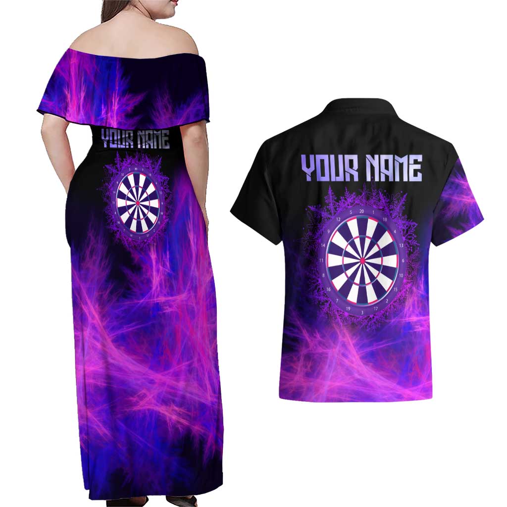 Dartboard and Darts Couples Matching Off Shoulder Maxi Dress and Hawaiian Shirt with Purple Smoke Background and Custom Team Name - Wonder Print Shop