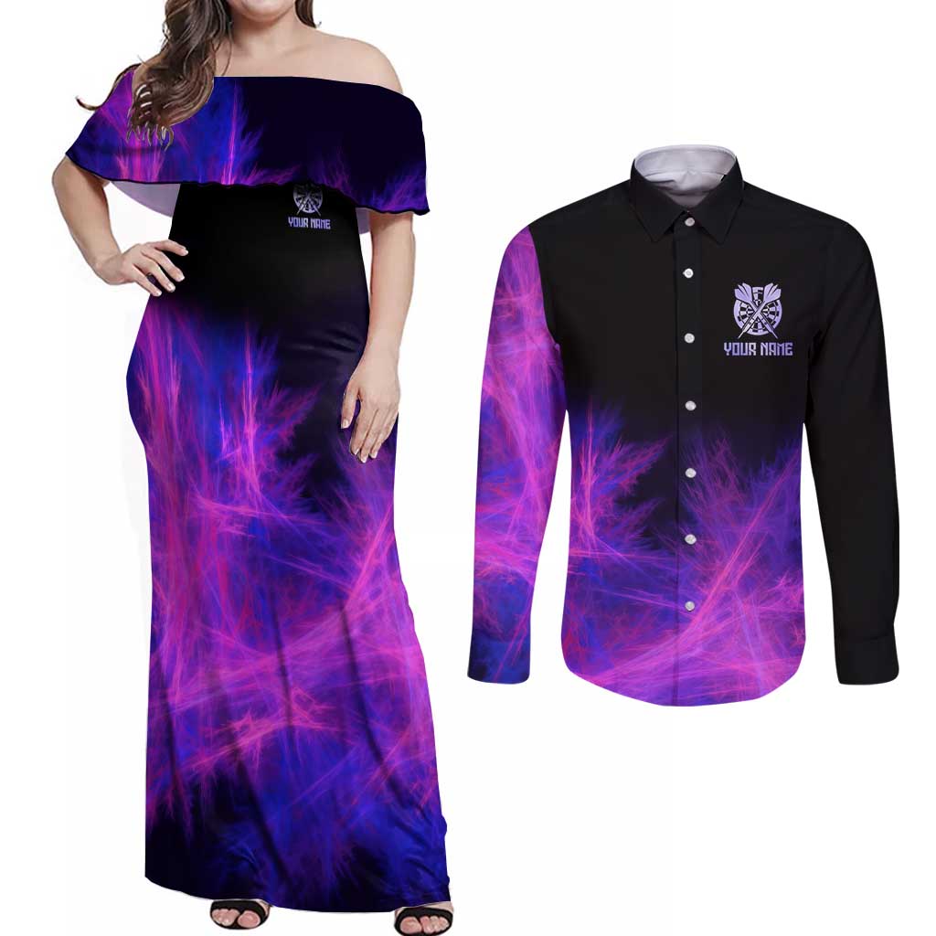 Dartboard and Darts Couples Matching Off Shoulder Maxi Dress and Long Sleeve Button Shirt with Purple Smoke Background and Custom Team Name - Wonder Print Shop