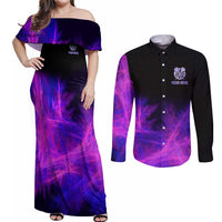 Dartboard and Darts Couples Matching Off Shoulder Maxi Dress and Long Sleeve Button Shirt with Purple Smoke Background and Custom Team Name - Wonder Print Shop