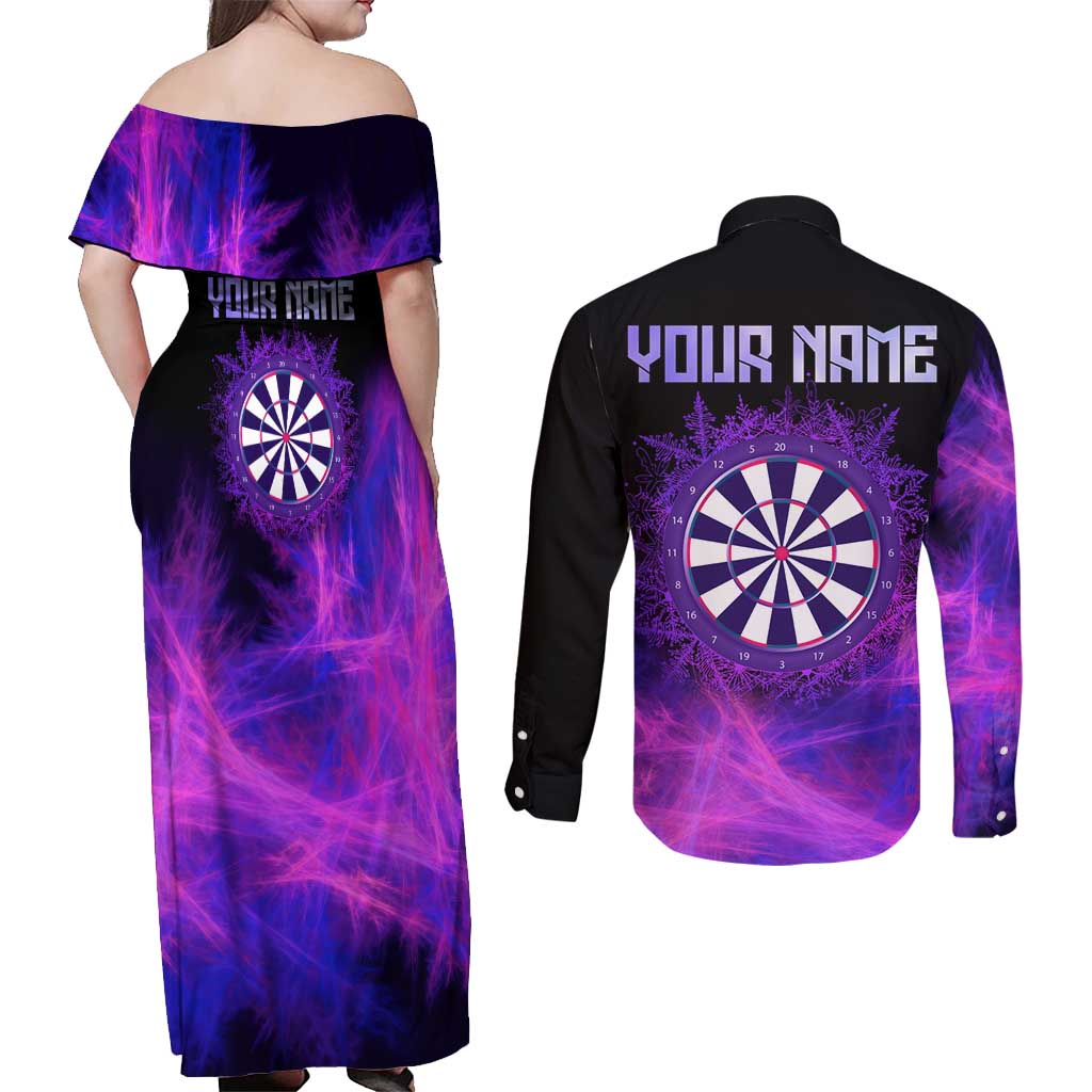 Dartboard and Darts Couples Matching Off Shoulder Maxi Dress and Long Sleeve Button Shirt with Purple Smoke Background and Custom Team Name - Wonder Print Shop