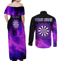 Dartboard and Darts Couples Matching Off Shoulder Maxi Dress and Long Sleeve Button Shirt with Purple Smoke Background and Custom Team Name - Wonder Print Shop