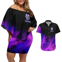 Dartboard and Darts Couples Matching Off Shoulder Short Dress and Hawaiian Shirt with Purple Smoke Background and Custom Team Name - Wonder Print Shop