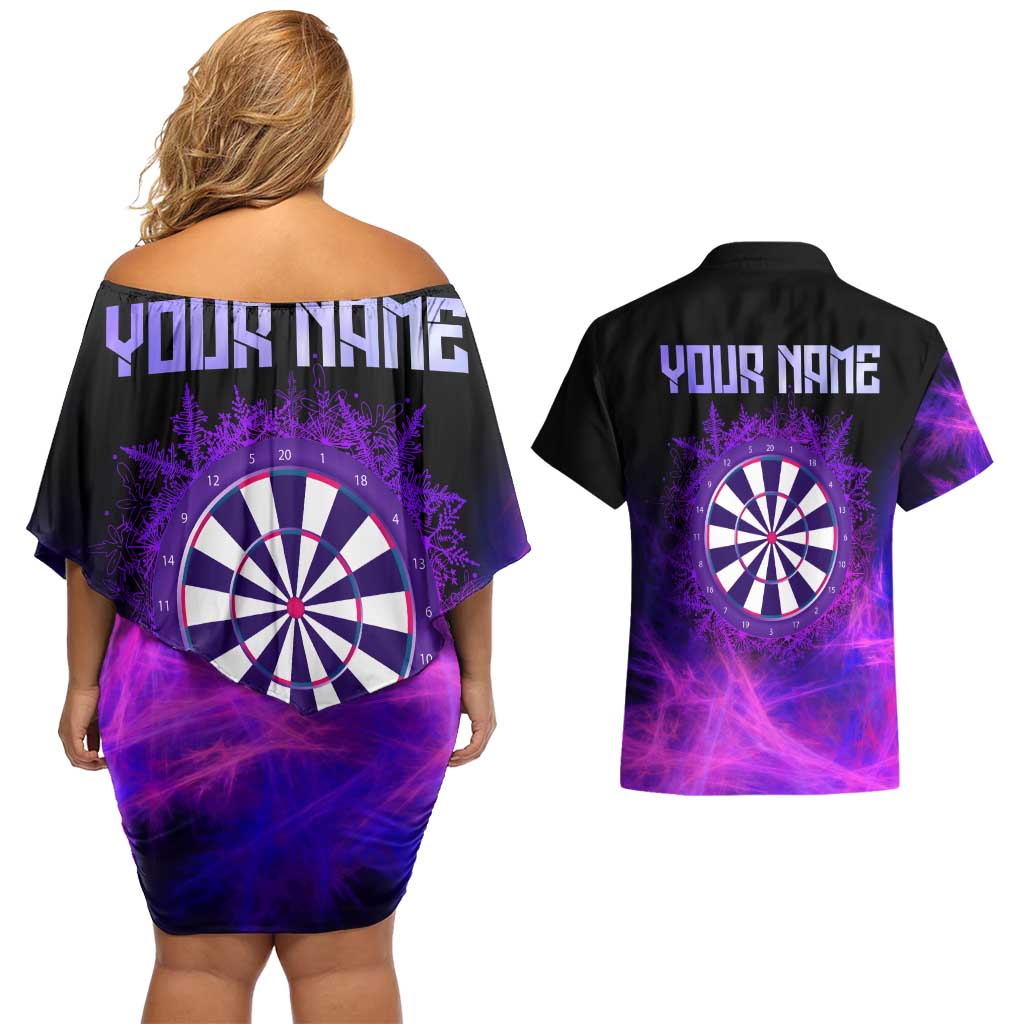 Dartboard and Darts Couples Matching Off Shoulder Short Dress and Hawaiian Shirt with Purple Smoke Background and Custom Team Name - Wonder Print Shop